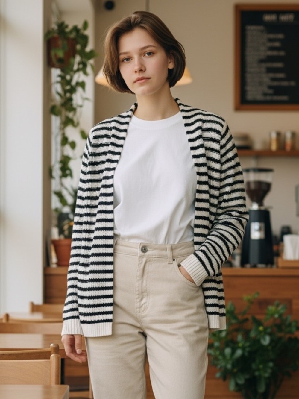 Banana Republic Black & Cream Striped Open-Front Cardigan